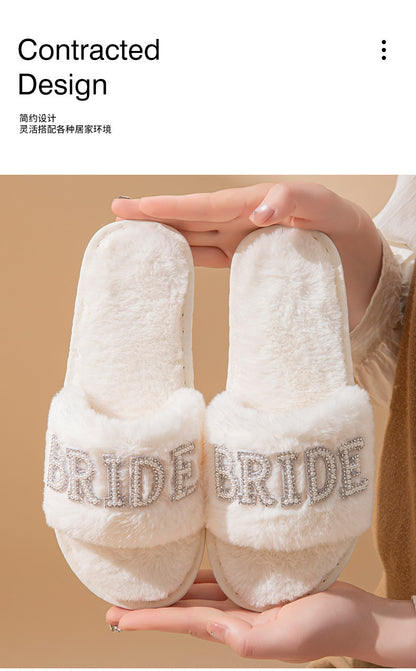 Beide Mrs Ido Pearl Letter Stuffed Slippers Wedding Party Bridal Fur Slippers Cross-Border Popular Cotton Slippers