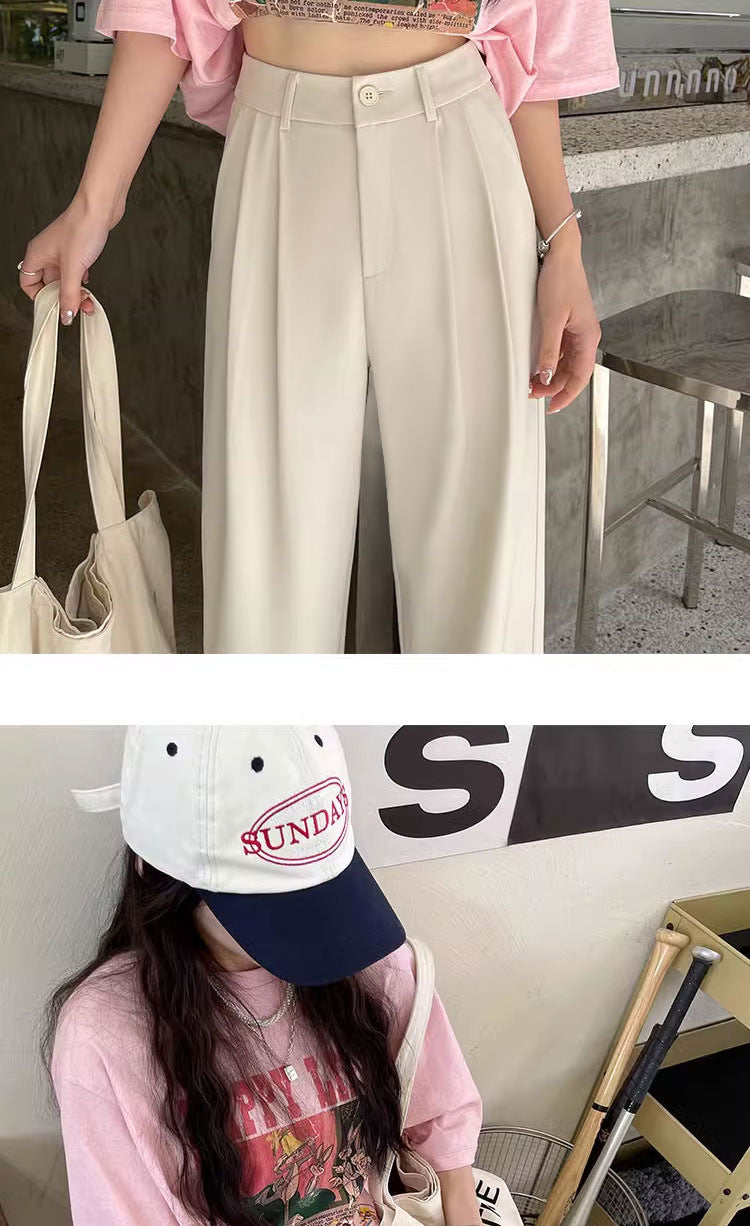Gray Suit Pants for Women Spring and Summer New High-Waisted Double Pleated Slim Floor-Length Trousers Casual Straight Wide-Leg Pants