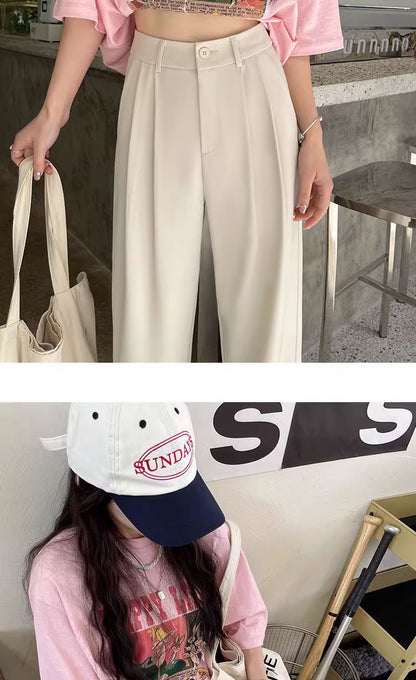 Gray Suit Pants for Women Spring and Summer New High-Waisted Double Pleated Slim Floor-Length Trousers Casual Straight Wide-Leg Pants