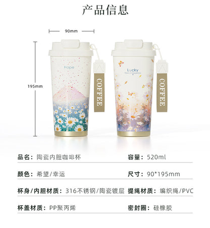 New Ceramic Thermos Coffee Cup for Girls, a Lucky Charm with High Aesthetic Value, Double Drinking Cup, Lily of the Valley Gift Cup
