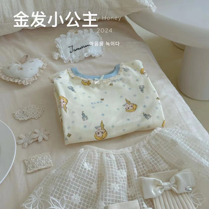 Spot Large and Small Roll Heyhoney24 Lycra Cotton Boys and Girls Autumn Clothes Intimates Printed Home Clothes Pajamas Two-Piece Set