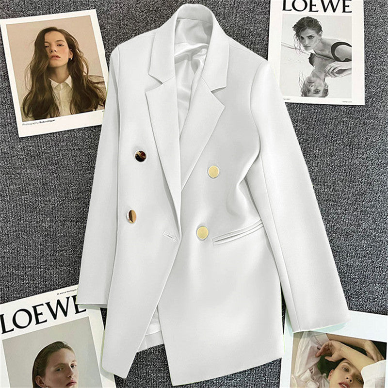 Green Metal Buckle Korean Style 2024 Spring and Autumn New Milk White Suit Jacket Women's Casual All-match High-end Suit