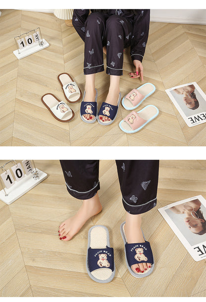 Bear Style Indoor Linen Slippers for Women Summer Home Non-Slip Women's Spring & Fall Seasons Fabric Floor Mops