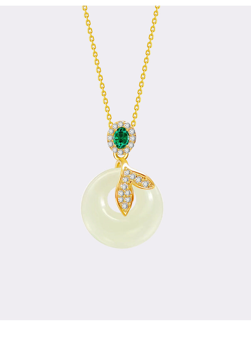 S925 Sterling Silver Clavicle Necklace Women's Summer Hetian Jade Fish Tail Pendant Simple Accessible Luxury Niche High-End Accessories