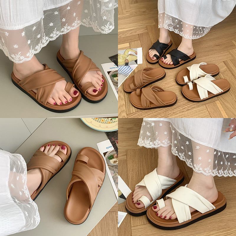 Thick-bottom Slippers Women's 2025 Summer New Beach Outer Wear Cross-belt Cross-border Foreign Trade Flat Beach Sandals