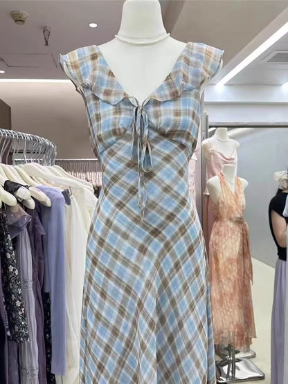Fashion New Summer French Elegant Temperament Gentle Ruffled Plaid Dress Women's Summer Slimming Age-Reducing Long Dress