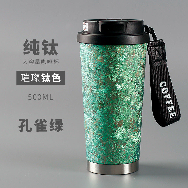 Pure Titanium Insulated Cup with Strap, Coffee Cup, Car-Mounted One-Handed Opening Lid, Antibacterial and Fresh-Keeping Titanium Cup, Fully Titanium Car-Mounted Portable