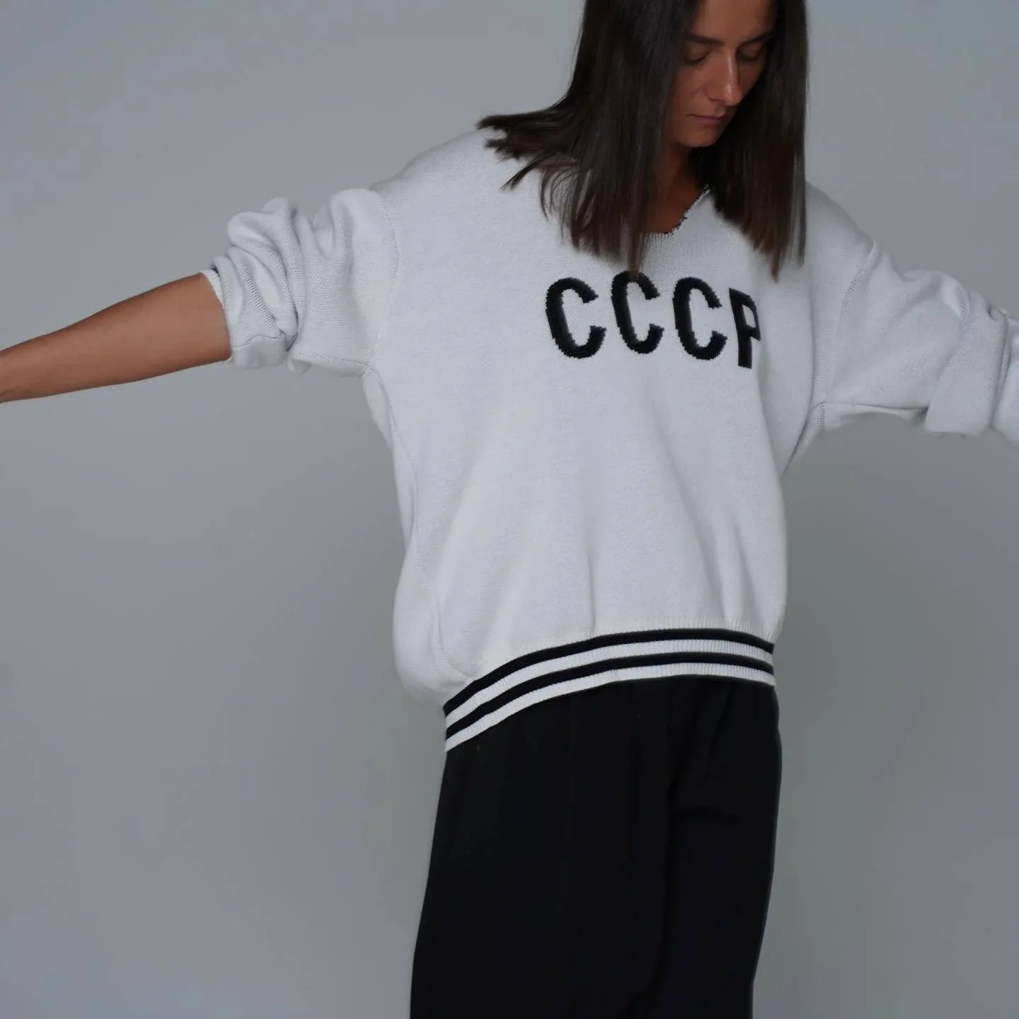 JHJN Autumn V-Neck Sweater Women Patchwork Letter Streety Tops Loose Casual Pullovers Long-Sleeved Knitted Shirts Women Sweater