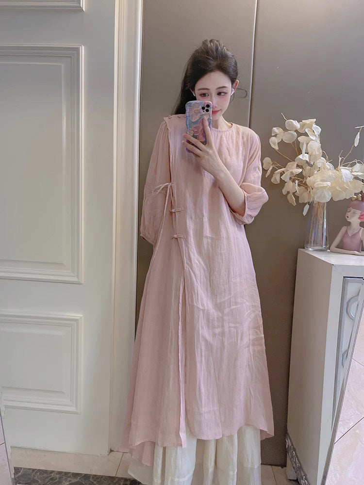 Summer New Style Quality Ramie Handmade Buckle Lace Lace Guofeng dress Double-Layer Skirt suit