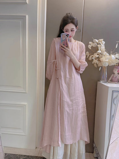 Summer New Style Quality Ramie Handmade Buckle Lace Lace Guofeng dress Double-Layer Skirt suit