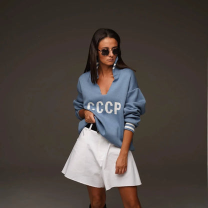 JHJN Autumn V-Neck Sweater Women Patchwork Letter Streety Tops Loose Casual Pullovers Long-Sleeved Knitted Shirts Women Sweater