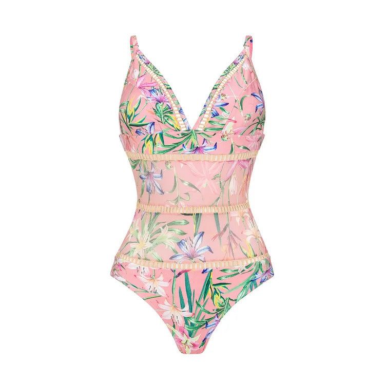 2024 Europe and America Amazon AliExpress one-piece swimsuit Mini ruffled mesh stitching printed swimsuit 2560