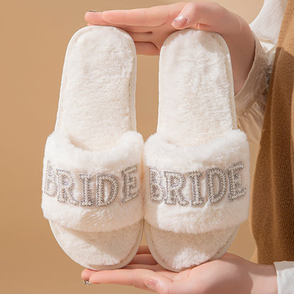 Beide Mrs Ido Pearl Letter Stuffed Slippers Wedding Party Bridal Fur Slippers Cross-Border Popular Cotton Slippers