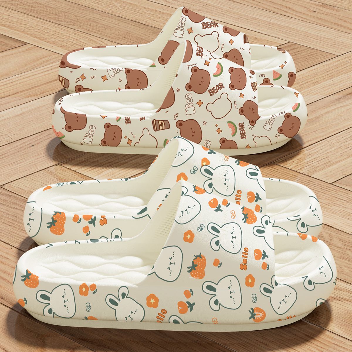 Happy Bear Slippers Women's 2025 New Home Use Indoor Anti-Slip Anti-Odor Beach Wear Thick Sole Couple Bathroom