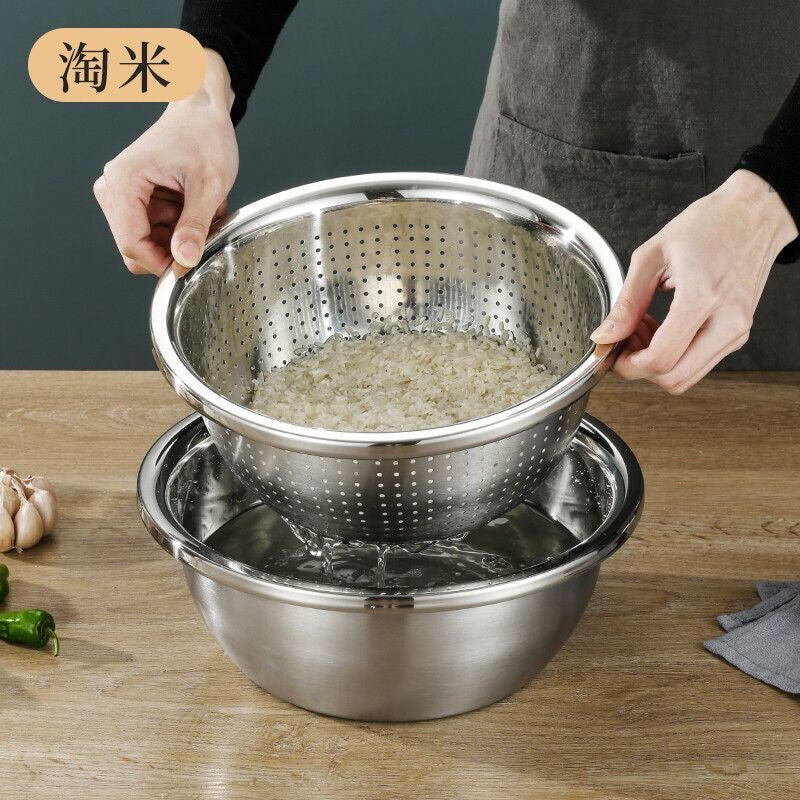 304 Stainless Steel Basin Drain Basket Vegetable Basket Household Rice Washing Sieve Thickeneded Cooking Basin and Basin Vegetable Basin Wholesale