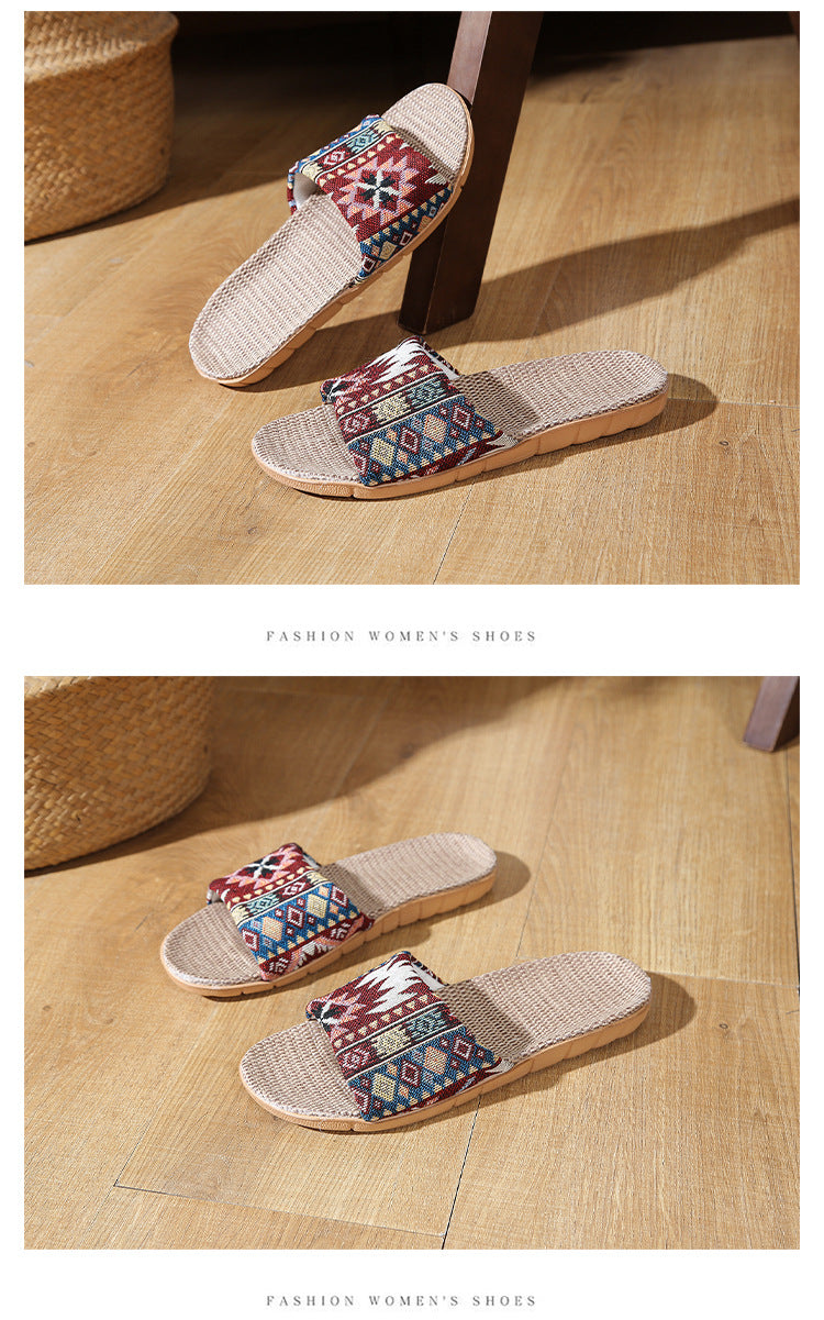 Four Seasons Home Linen Slippers Fashion Printed Thick Sole Non-Slip Sweat-Absorbent Wear-Resistant Large Sole Couple Linen Slippers Ethnic Style