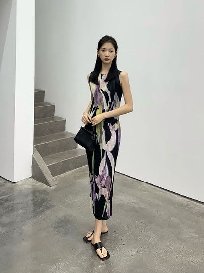 In Stock Miyake Dress Printed Elegant Elegant High-End Loose Slimming Look Elegant Round Neck Sleeveless Pleated Skirt