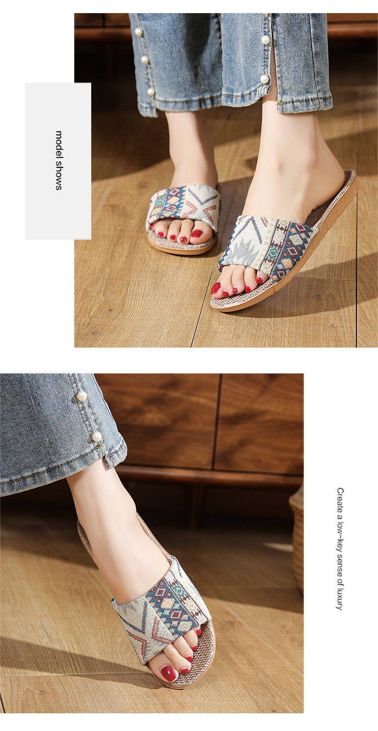Four Seasons Home Linen Slippers Fashion Printed Thick Sole Non-Slip Sweat-Absorbent Wear-Resistant Large Sole Couple Linen Slippers Ethnic Style