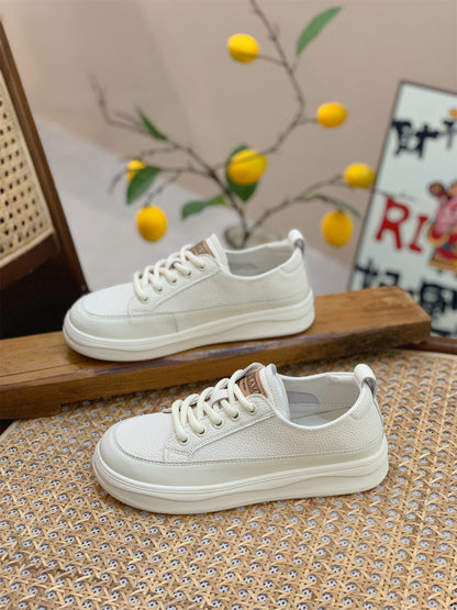Genuine Leather Retro Sneakers for Women 2025 Spring & Fall New Niche High-Bottom Soft-Soled White Shoes Flats-Soled Sports and Casual Shoes