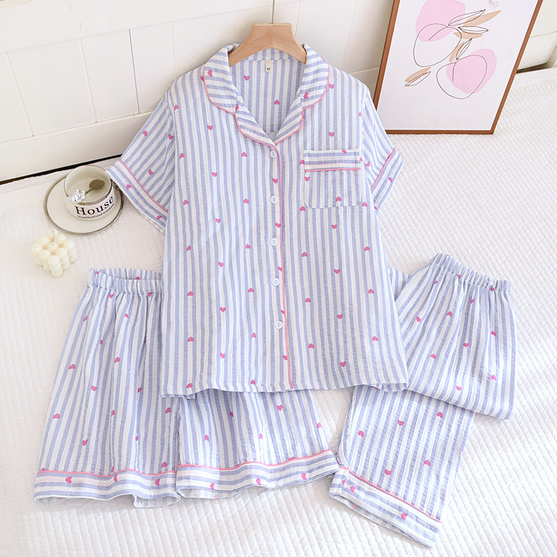 Various Style Spring and Summer Cotton Crepe Pajamas Sweet Three-Piece Short-Sleeved Trousers Spring and Autumn Loose Casual suit