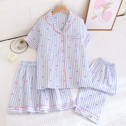 Various Style Spring and Summer Cotton Crepe Pajamas Sweet Three-Piece Short-Sleeved Trousers Spring and Autumn Loose Casual suit