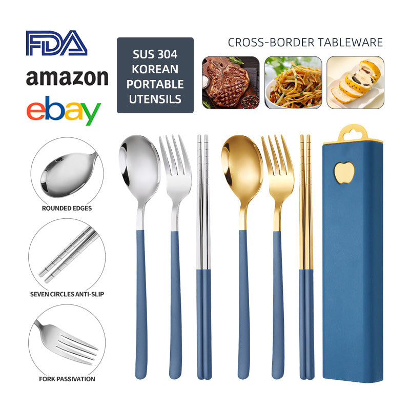 304 Stainless Steel Convenient Tableware Fork, Spoon and Chopsticks Three-Piece Set Outdoor Travel Student Storage Box Tableware Set
