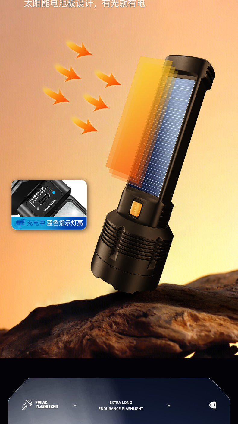 Strong solar flashlight super bright outdoor explosive long endurance with charging portable handheld 100,000 lumns light