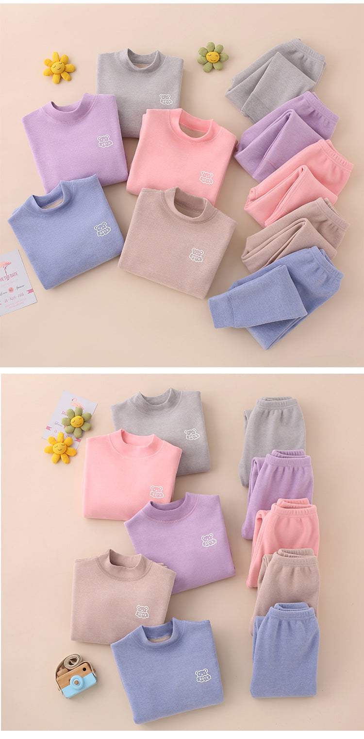 Autumn and winter fleece-lined children's clothing large children's mid-collar autumn pants children's inner warm bottoming shirt children's home clothing suit