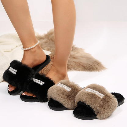 New Foreign Trade Pearl Chain Large Plush Flat Slippers for Women, Fashionable Open-Toe Home Cotton Slippers for Cross-Border