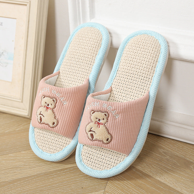 Bear Style Indoor Linen Slippers for Women Summer Home Non-Slip Women's Spring & Fall Seasons Fabric Floor Mops