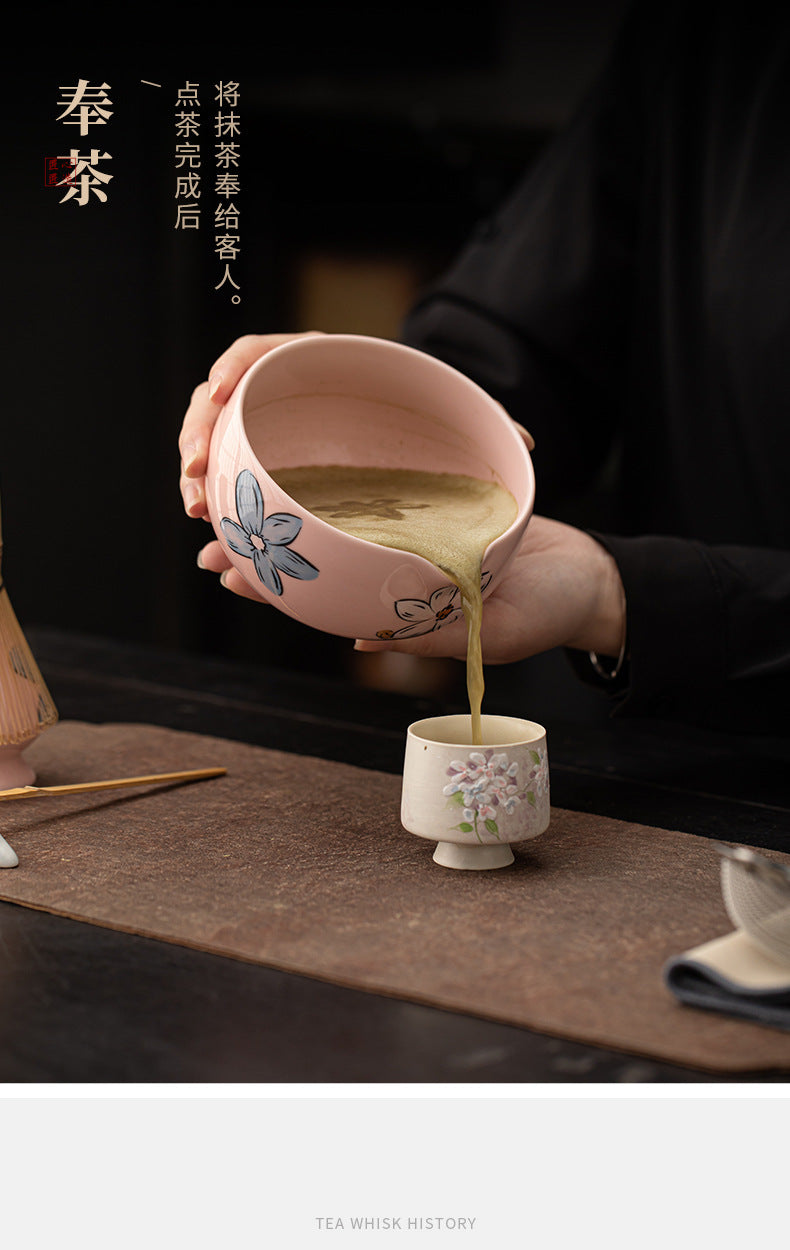 Japanese Tea Ceremony Cherry Blossom Pink Matcha Four-Piece Ceramic Matcha Bowl Tea Whisk Tea Spoon Tea Accessories