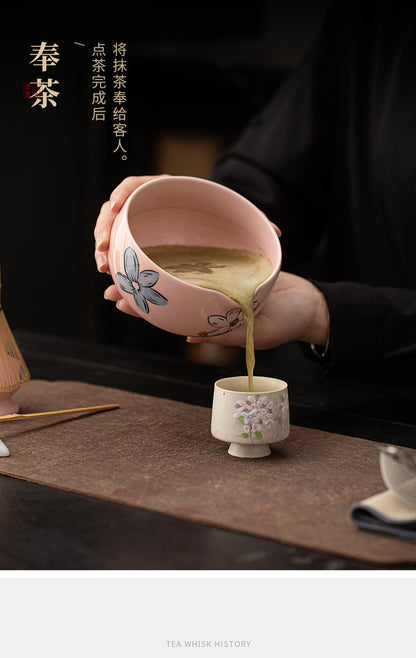 Japanese Tea Ceremony Cherry Blossom Pink Matcha Four-Piece Ceramic Matcha Bowl Tea Whisk Tea Spoon Tea Accessories