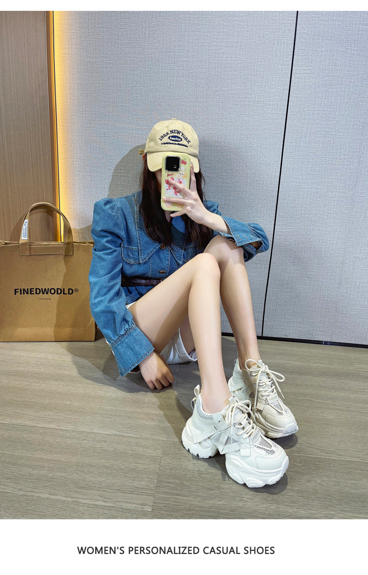 Thick-Soled Dad Shoes for Women 2025 Summer New Versatile Height-Increasing Breathable Mesh Sports Casual Shoes Platform Heel