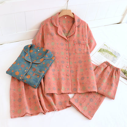 Yarn-dyed cotton pajamas women's summer short-sleeved printed summer retro loose home wear three-piece set can be worn outside