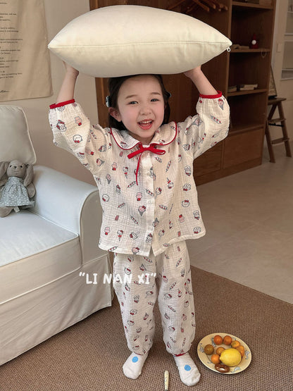 Princess Style Children's Lapel A-Class Cartoon Loungewear Set 2026 Spring New Baby Sweet and Cute Pajamas and Sleep Pants