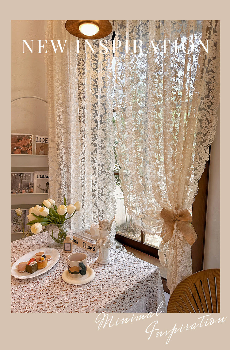 French-Style Retro Palace Lace Embroidery Cream Sheer Curtain for Bay Window, Light-Transmitting, No-Drill Partition Half Curtain Door Curtain
