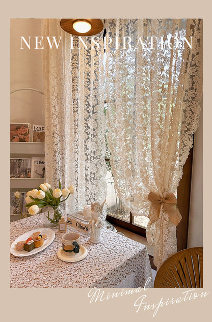 French-Style Retro Palace Lace Embroidery Cream Sheer Curtain for Bay Window, Light-Transmitting, No-Drill Partition Half Curtain Door Curtain