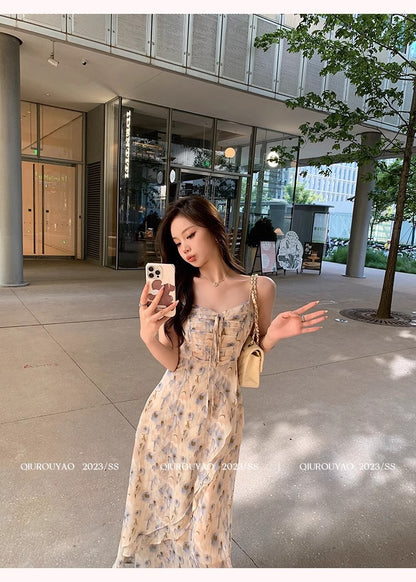 French Style Waisted Gentle Floral dress Women's Seaside Beach Vacation Fairy dress Elegant Pure Slip Dress