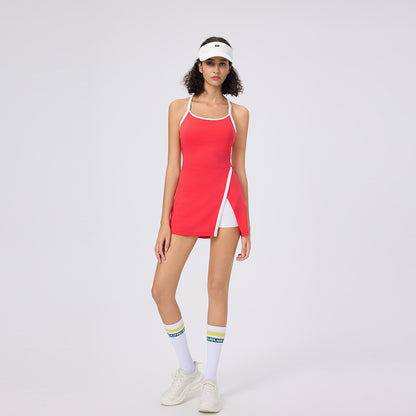 Summer Halter Neck Casual Skin-Friendly Golf Tennis Dress for Women with Built-In Leggings and Tight Fit Pickleball Skirt