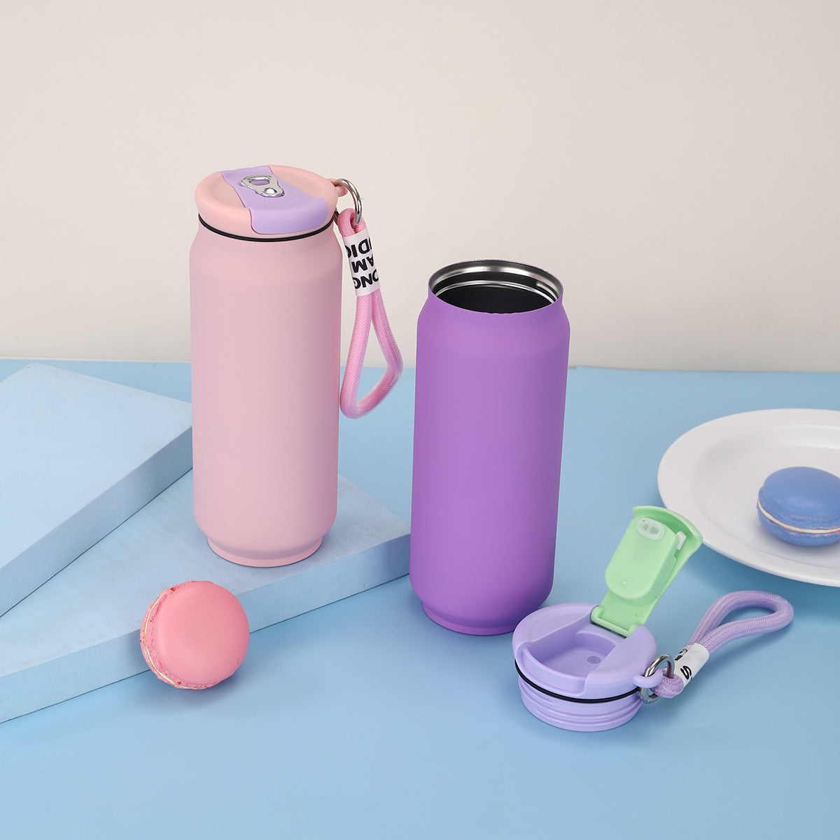 New Style 304 Stainless Steel Thermos Outdoor Portable Cans Lanyard Accompaniably Cups Solid Color Household Straight Water Cup