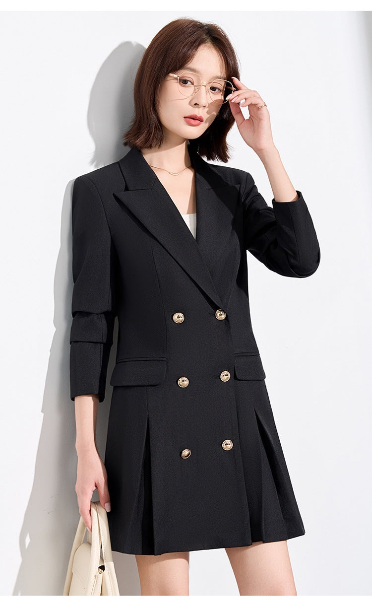French Hepburn Style Small Black Dress High Sense High Cold Royal Sister Fried Street Small Fragrance Style Pleated Professional Suit dress Summer