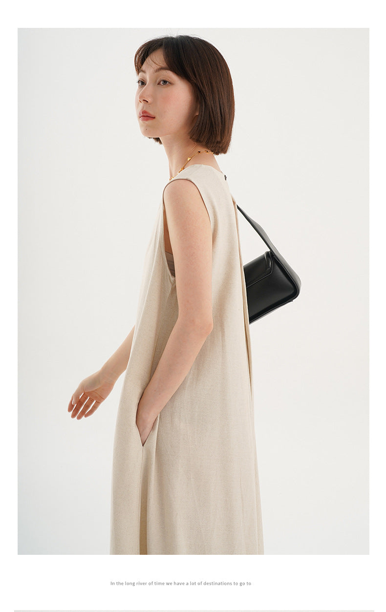 Korean Chic2026 Summer French Design Loose Backless Sleeveless Vest Dress Casual Age-Reducing Long Dress