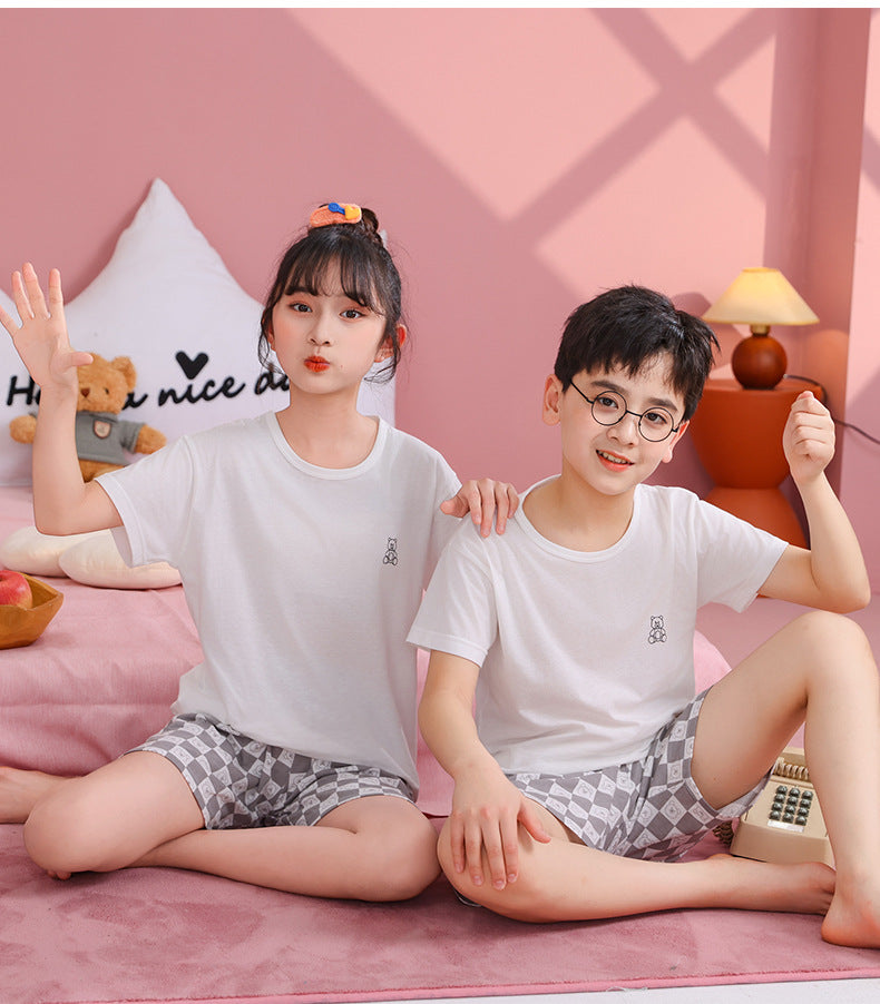 Children's Pajamas, Pure Cotton, Summer Short-Sleeved Shorts Set for Boys, Home Clothes for Girls, Air-Conditioned Clothes for Middle-Aged and Older Boys