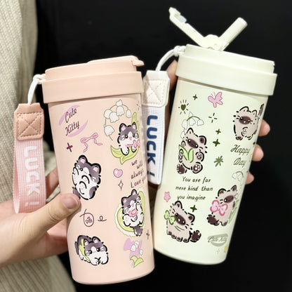 New cute thermos cup 316 stainless steel coffee cup portable double drink portable men's and women's straw accompanying cup