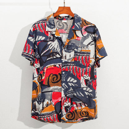 Summer new cotton and linen printed five-point men's beach pants casual sports loose plus size shorts men's thin fashion