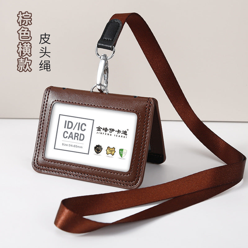 Work Card Case Detached Double Card Position Genuine Leather Folding Card Case Chest Card Lanyard Access Control Card Student School Card Rice