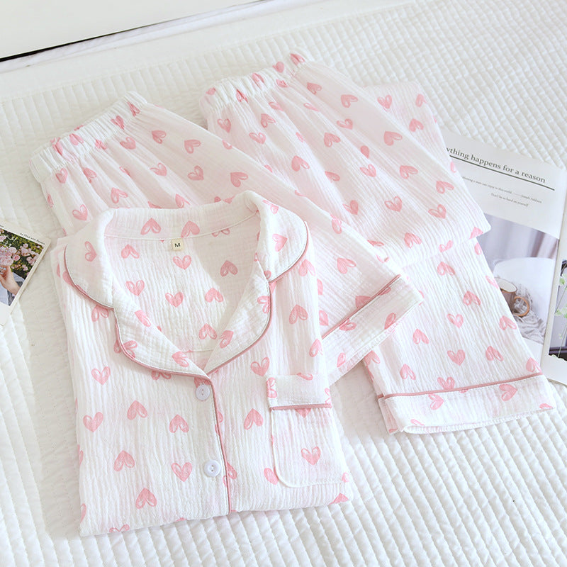 Various Style Spring and Summer Cotton Crepe Pajamas Sweet Three-Piece Short-Sleeved Trousers Spring and Autumn Loose Casual suit