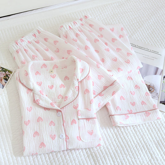 Various Style Spring and Summer Cotton Crepe Pajamas Sweet Three-Piece Short-Sleeved Trousers Spring and Autumn Loose Casual suit