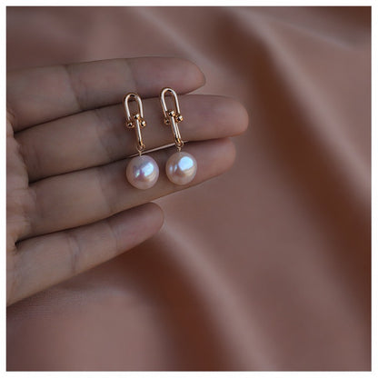 Natural Alien Baroque Freshwater Pearl Earrings Silver Needle Plated 14K Gold Horseshoe Chain Earrings Personalized Fashion Earrings
