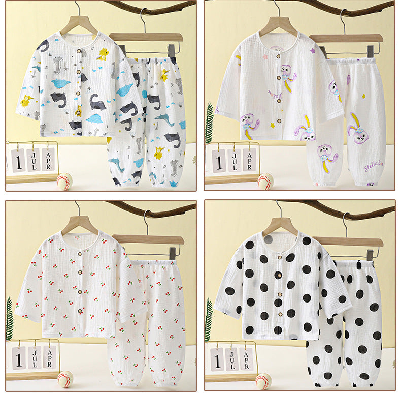 Children's Thin Double-Layer Gauze Pajamas Two-Piece Set Summer Girls Home Clothes Baby Boy Long-Sleeved Bloomers Set